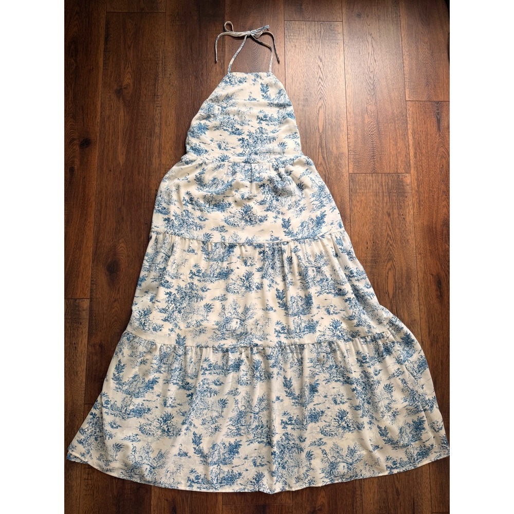 Women's Large Blue White Toile Halter Cottagecore Open Back Tiered Maxi Dress